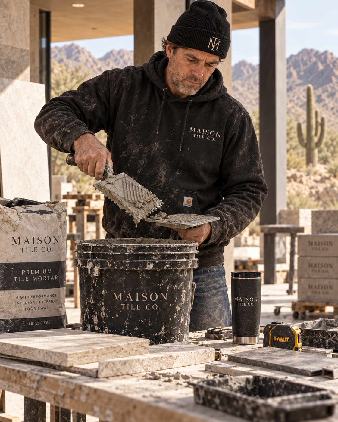 Installer applying mortar to the back of a tile before setting — back-buttering technique