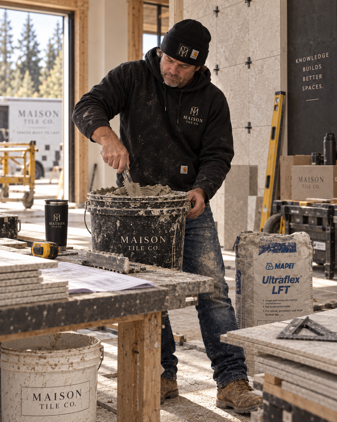 Installer preparing and mixing mortar for a tile installation project