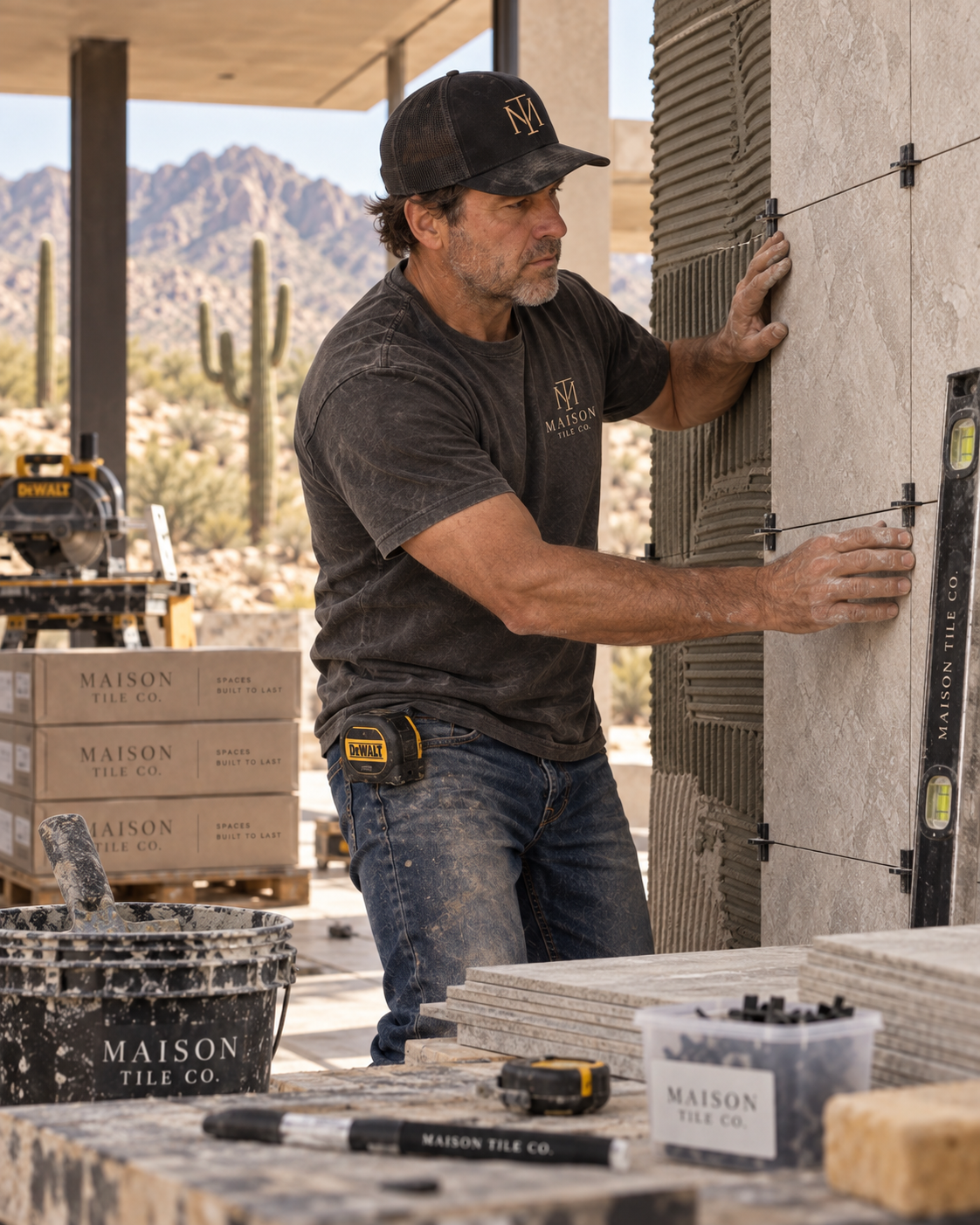 Installer checking wall tile alignment and spacing during installation