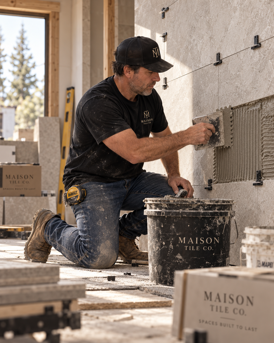 Jay Nadeau, founder of Maison Tile Co, applying mortar to a wall in branded shirt and hat