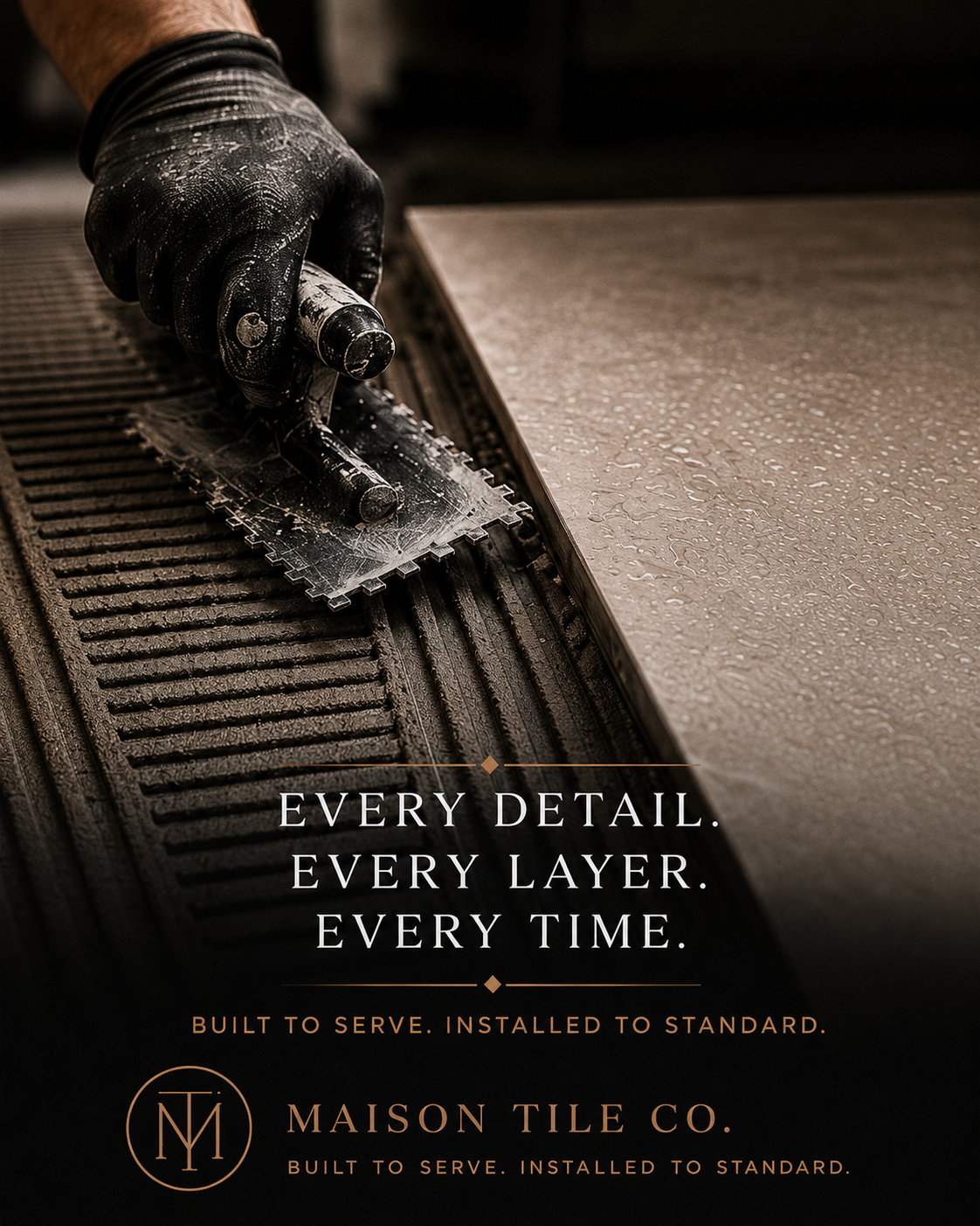Maison Tile Co commitment poster: Every Detail. Every Layer. Every Time. — consistent installation standards applied to every project phase