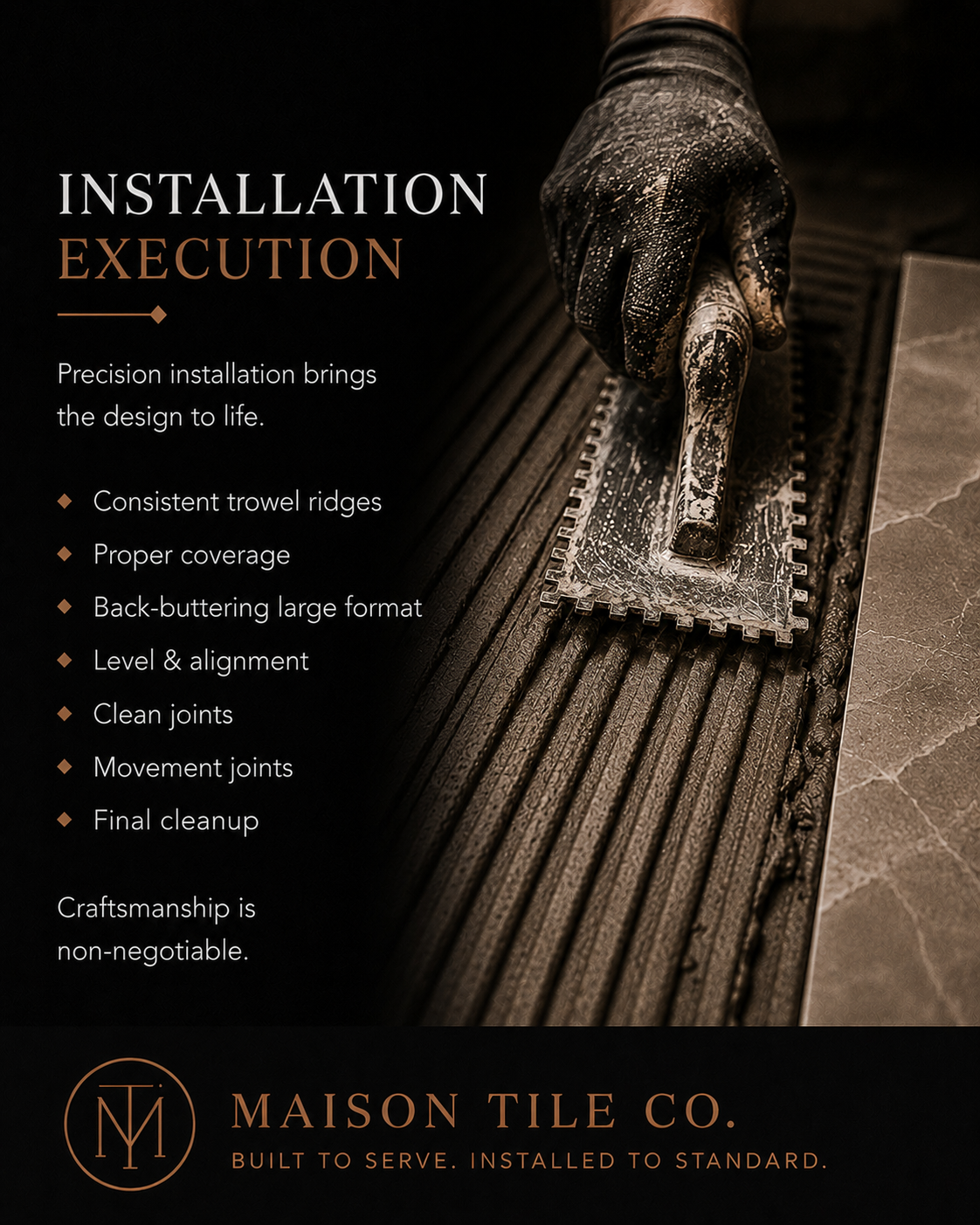 Educational poster 07: Installation Execution — field discipline, lippage control, and workmanship standards during active tile installation