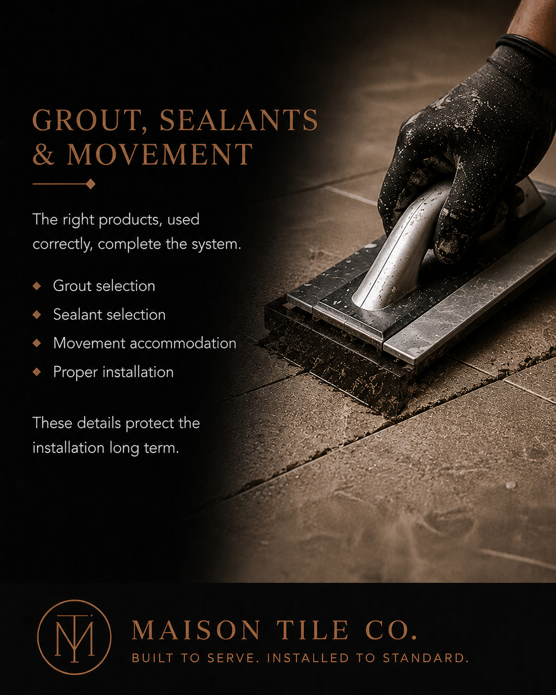 Educational poster 06: Installation With Purpose — layout planning, alignment, and execution discipline in commercial tile installation