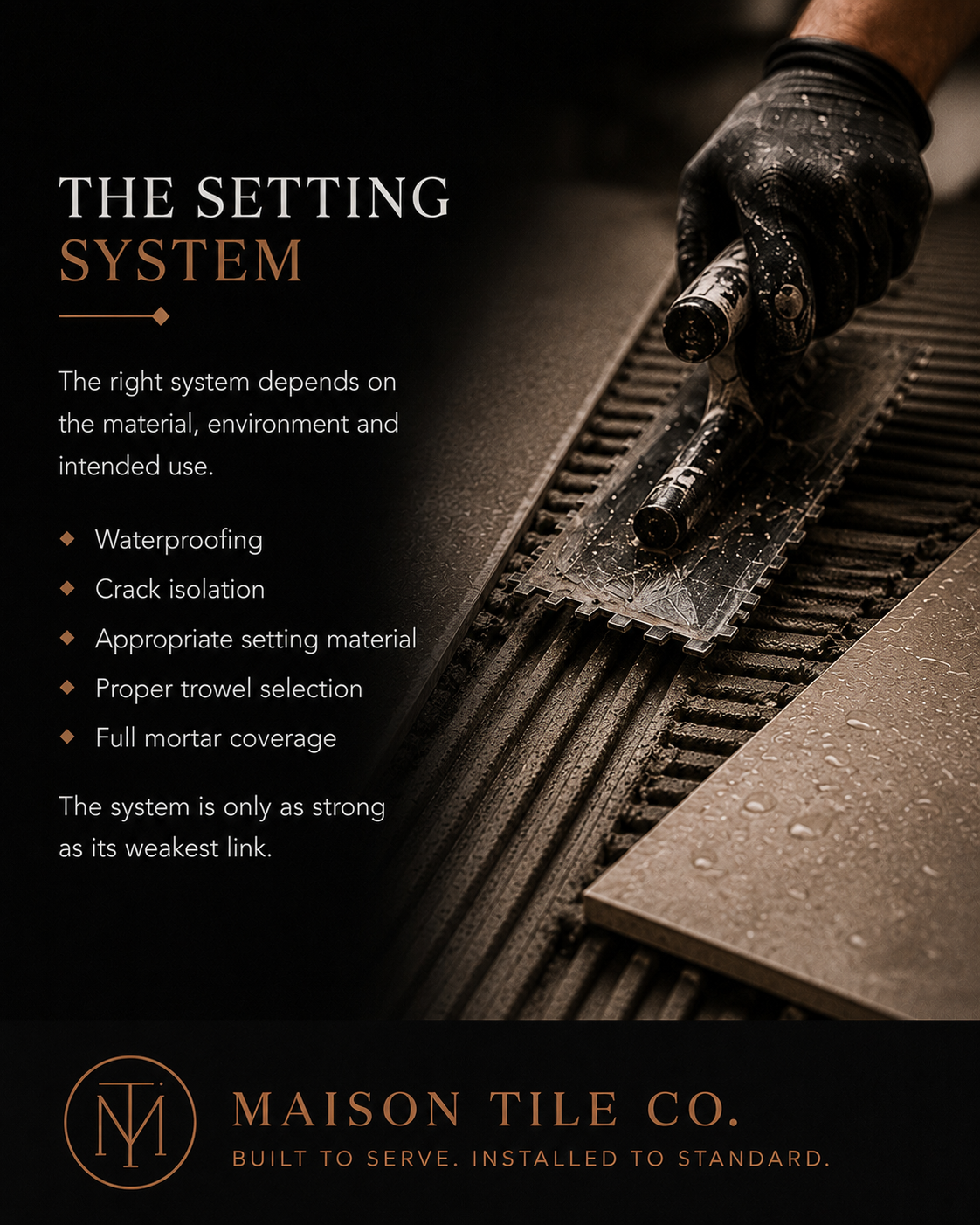 Educational poster 05: The Setting System — mortar selection, coverage requirements, and back-buttering standards for tile installation