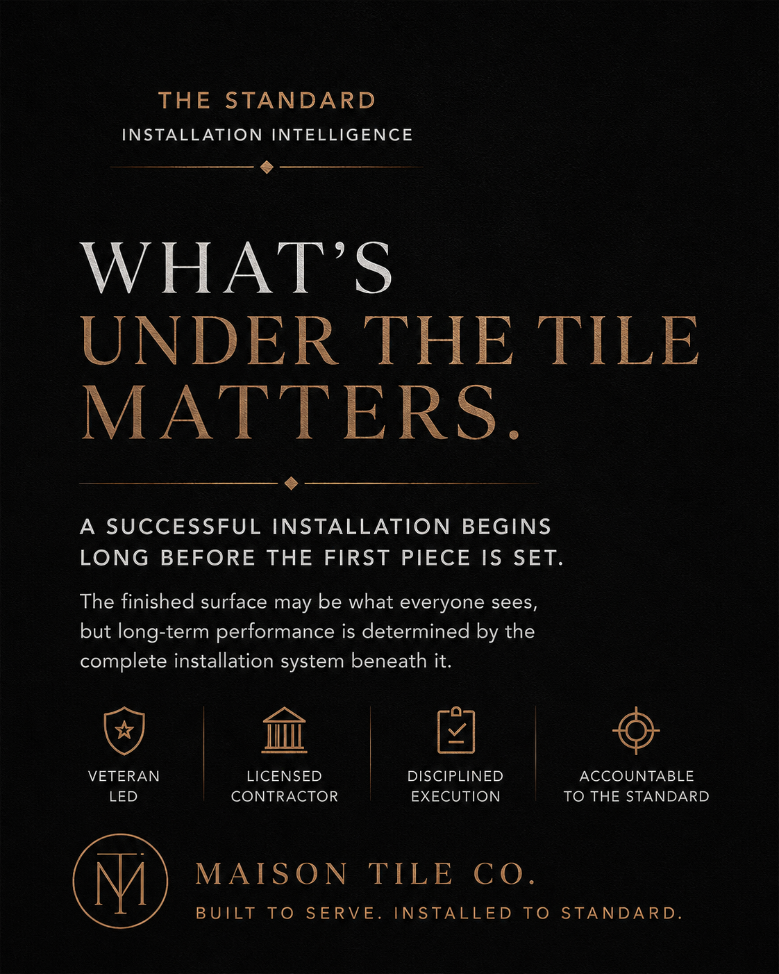 Educational poster 01: What's Under the Tile Matters — Maison Tile Co explains why substrate and assembly layers determine installation performance